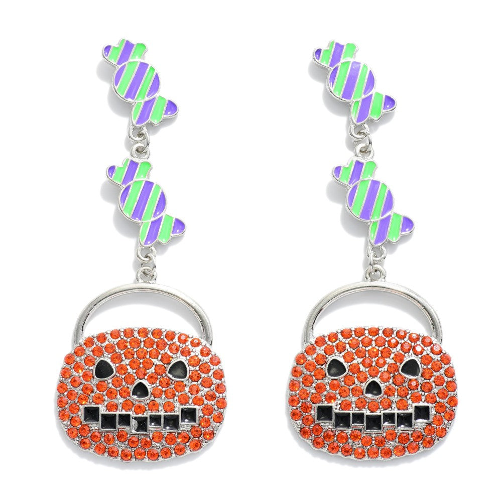 Enamel Candy and Rhinestone Jack-O-Lantern Drop Earrings.