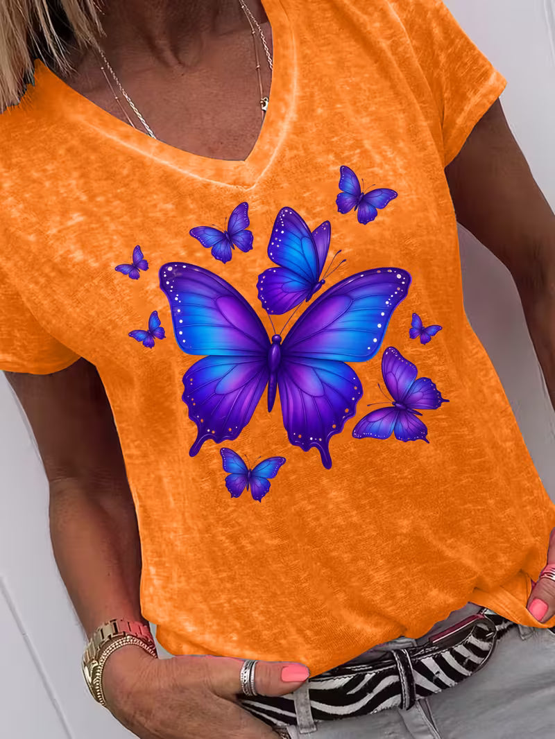 Women's Butterfly V-neck Vinyl Graphic T-Shirt