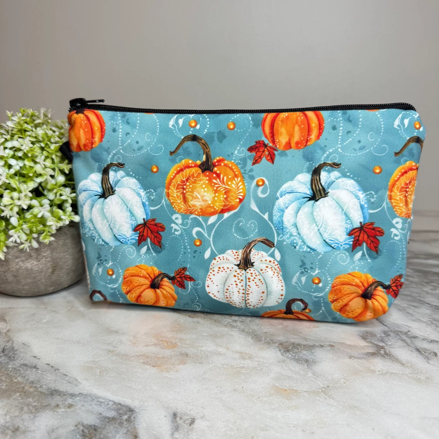 Halloween Fall Aqua Filagree Floral Pumpkins Water Resistant Pouch