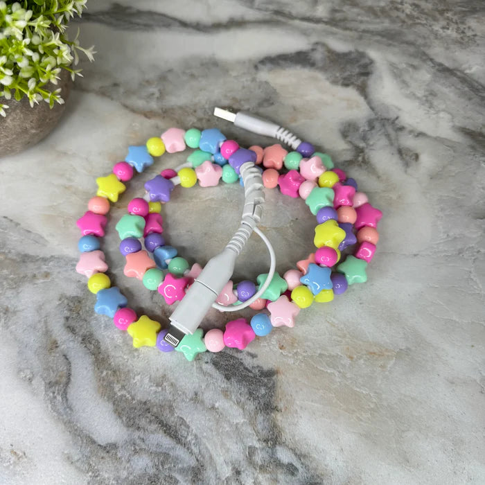 Charging Cord - Beaded #1 Heart & Star Rainbow