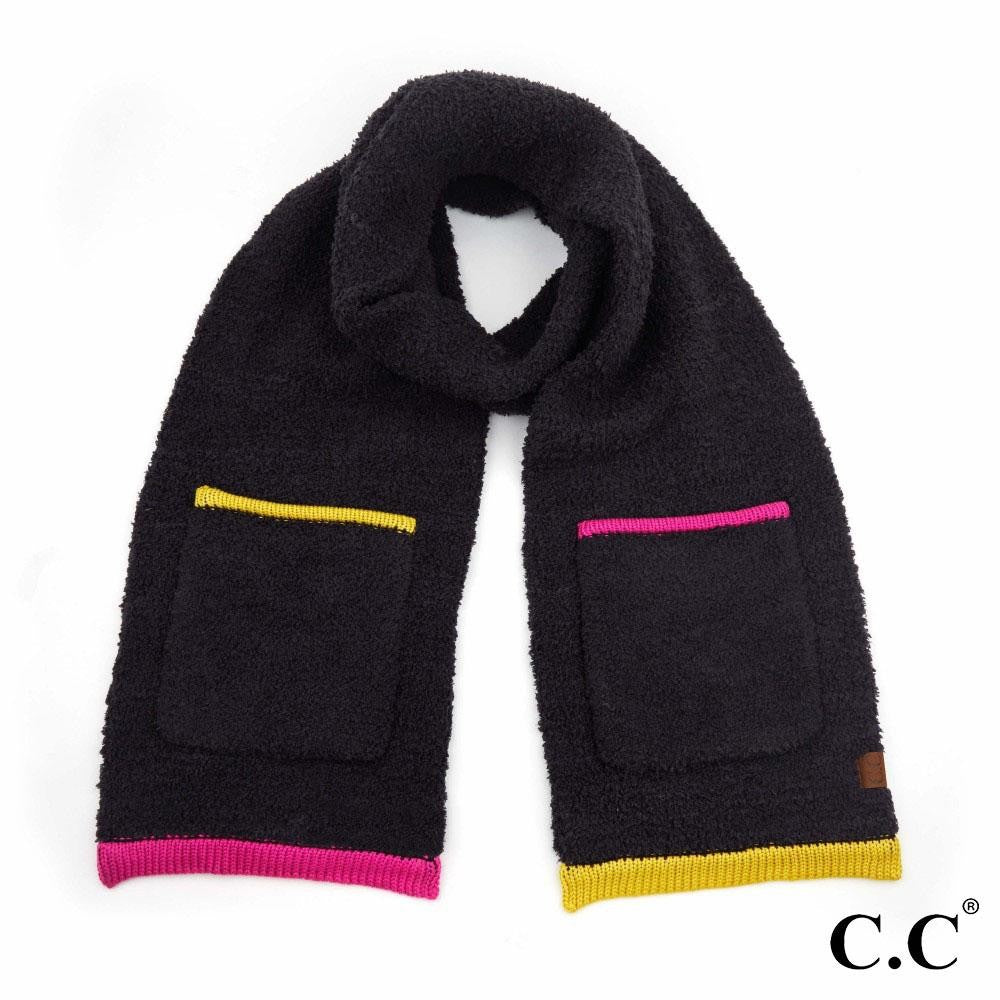 C.C Sherpa Yarn Knit Scarf Featuring Pockets & Color Trim.