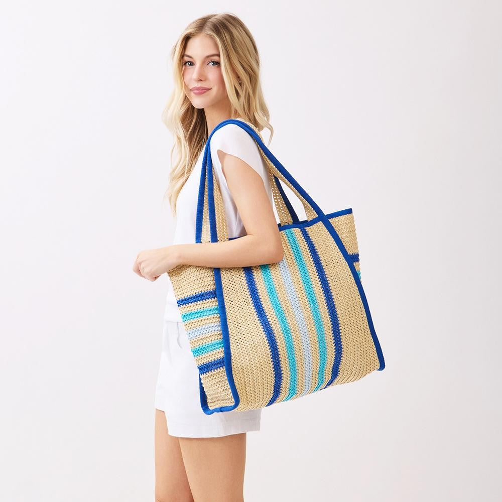 Straw Tote Bag With Multi Color Stripes