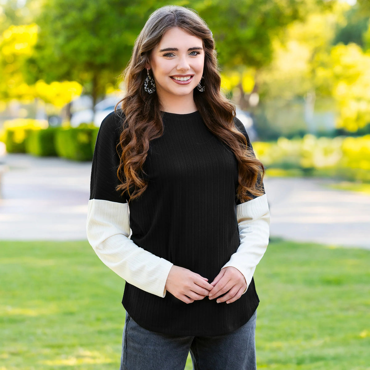 Sunshine & Rodeo Ribbed Color Block Long Sleeve Top Black