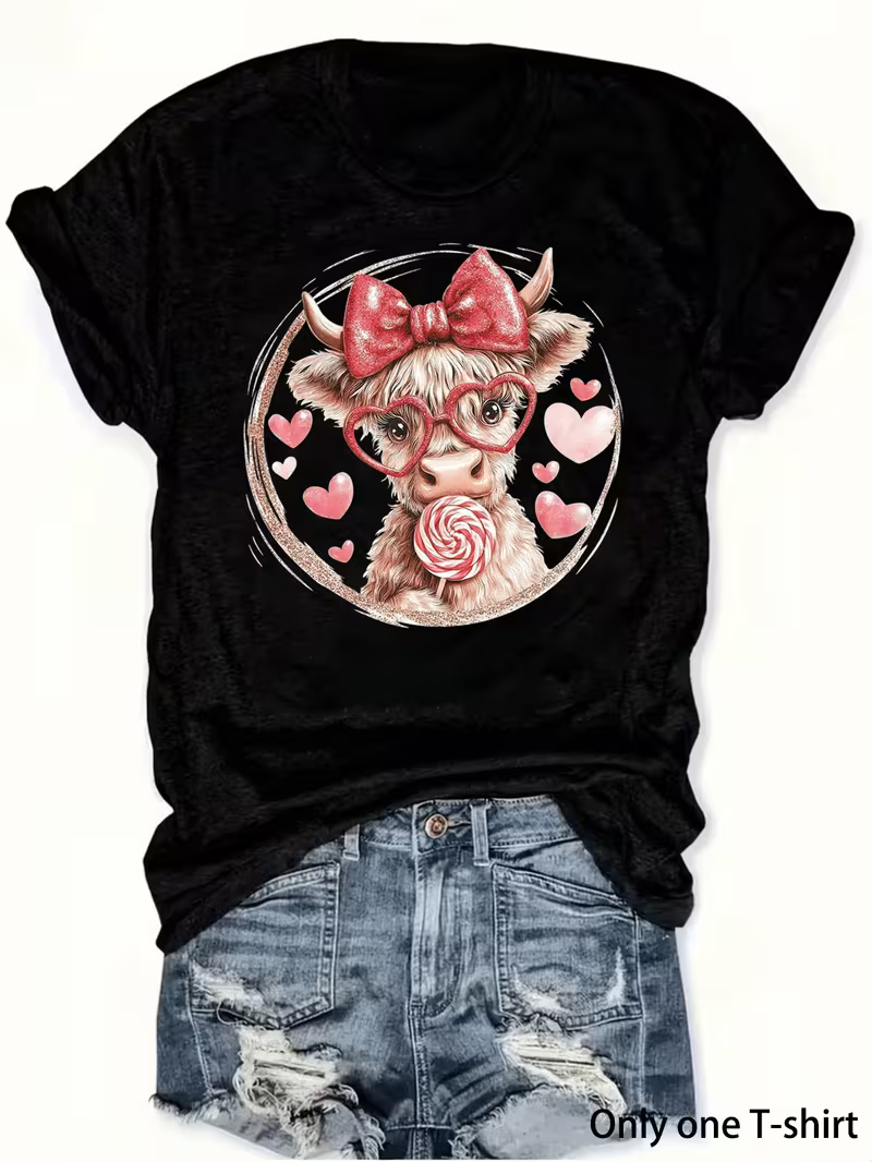 Women's Plus Heart Highland Cow Vinyl Graffic T-Shirt