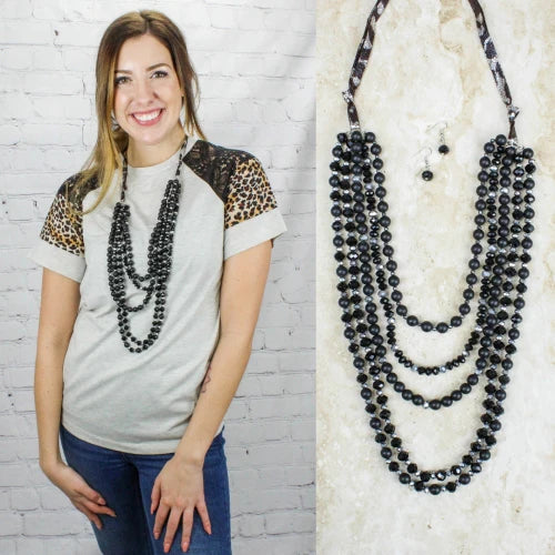 Beaded Layered Necklace with Suede Strap