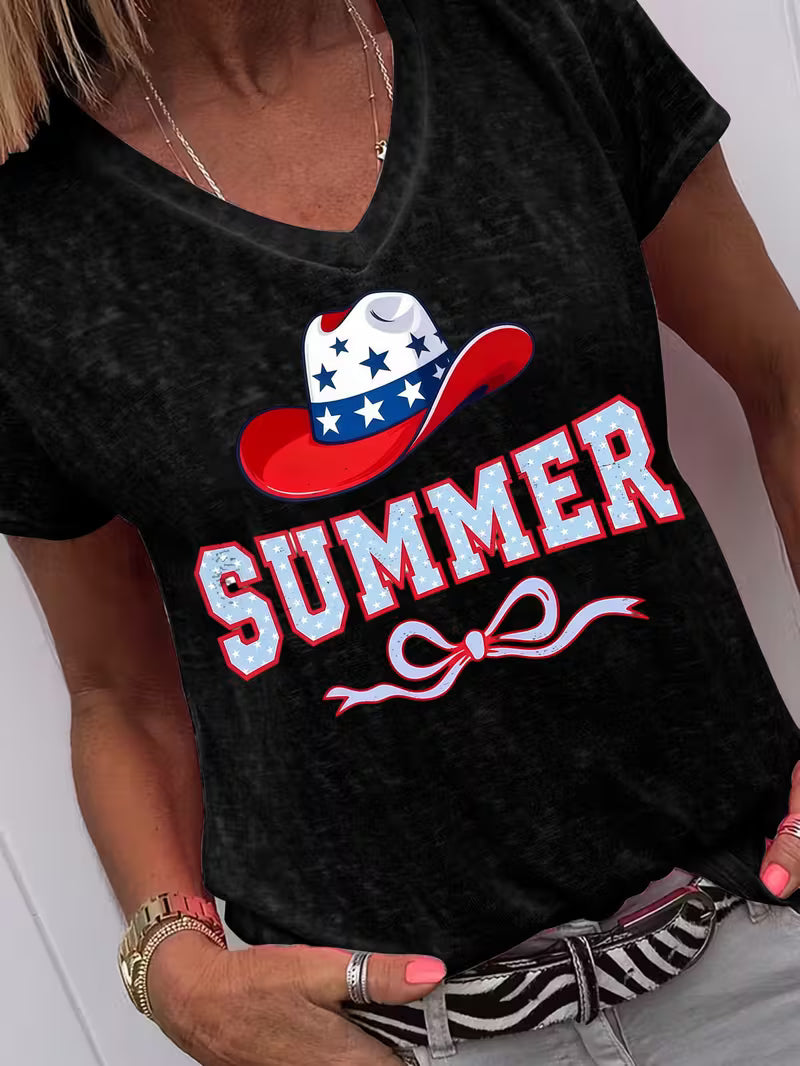 Women's Summer V-neck Vinyl Graphic T-Shirt