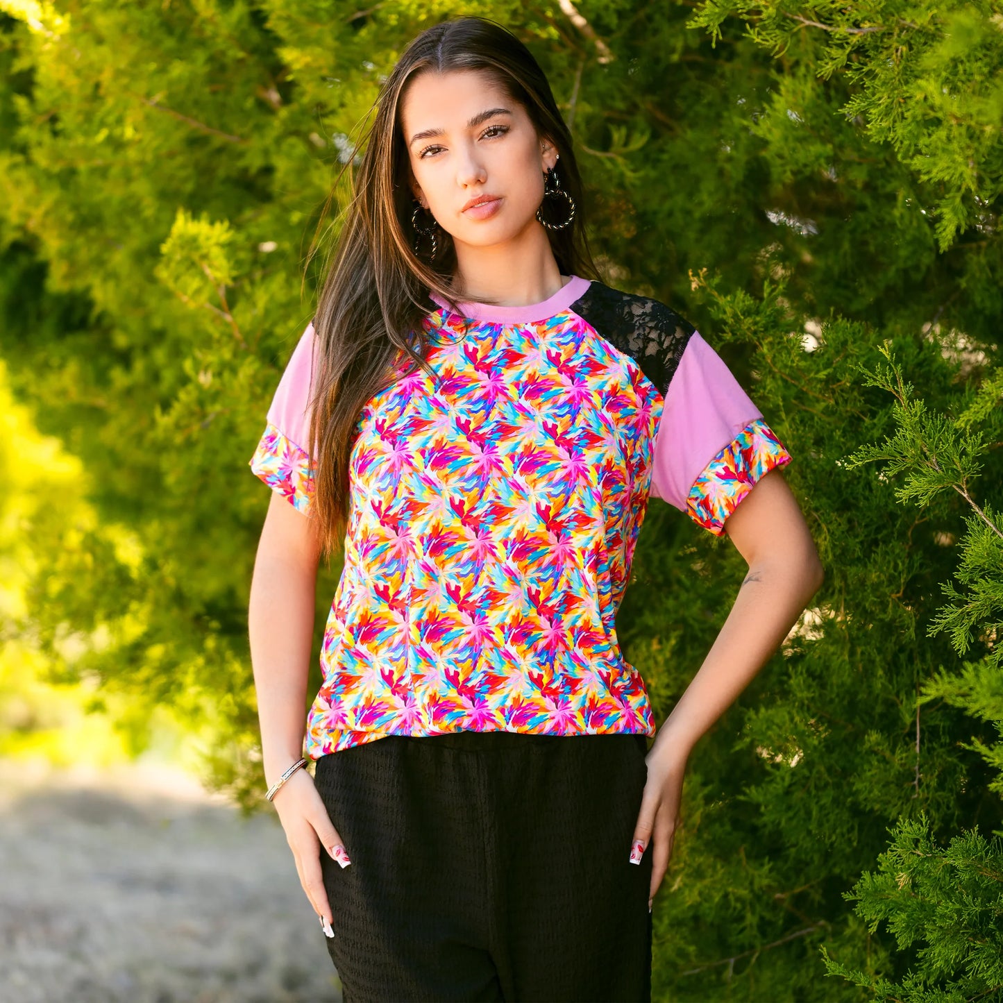 Abstract Print Half Sleeve Top with Lace Shoulders