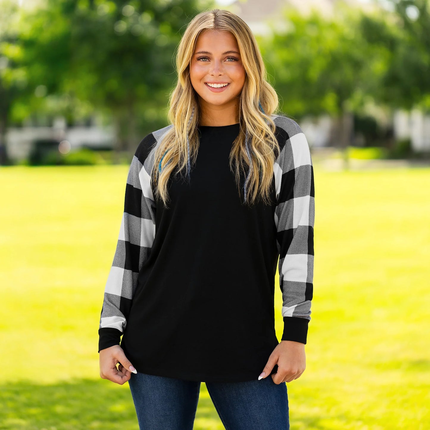 Plaid Long Sleeve Top - Black