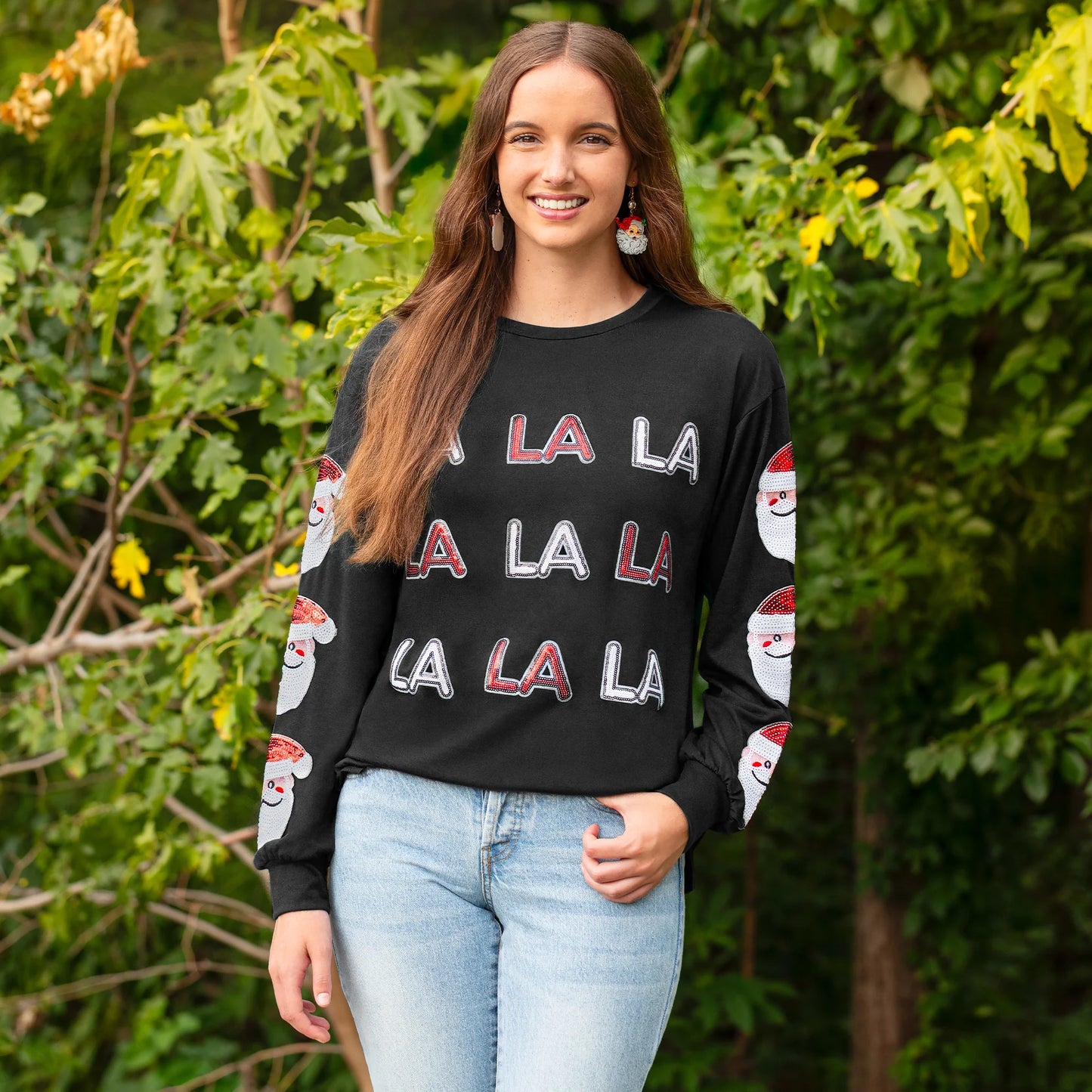 Christmas FA LA LA Sequined Santa Claus Long Sleeve Top