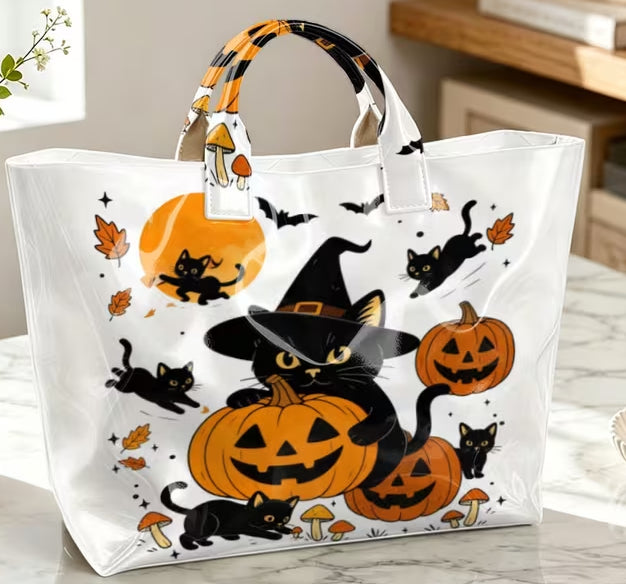 Glossy PVC Cat & Pumpkin Tote Bag