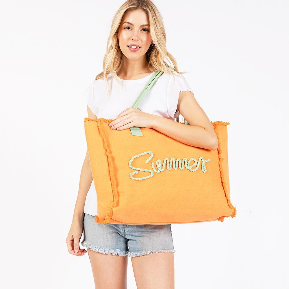 Sewn Rope 'Summer' Letter Fringed Canvas Tote Bag - Orange