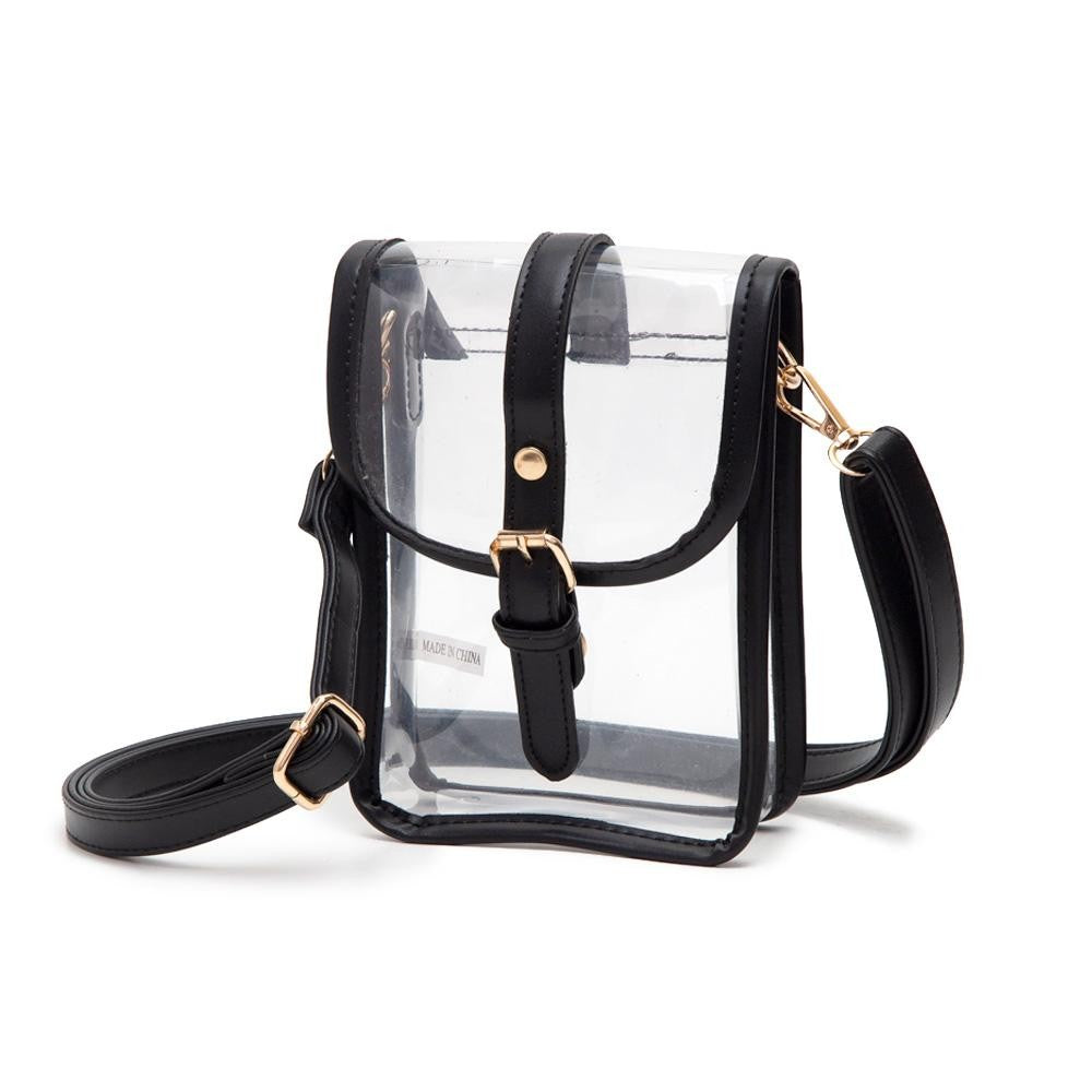 Clear Cross Body Bag With Leather Trim Featuring Snap Latch Buckle Closure