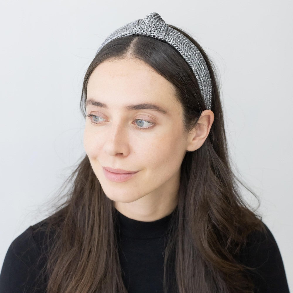 Metallic Woven Headband With Top Knot Detail - Grey