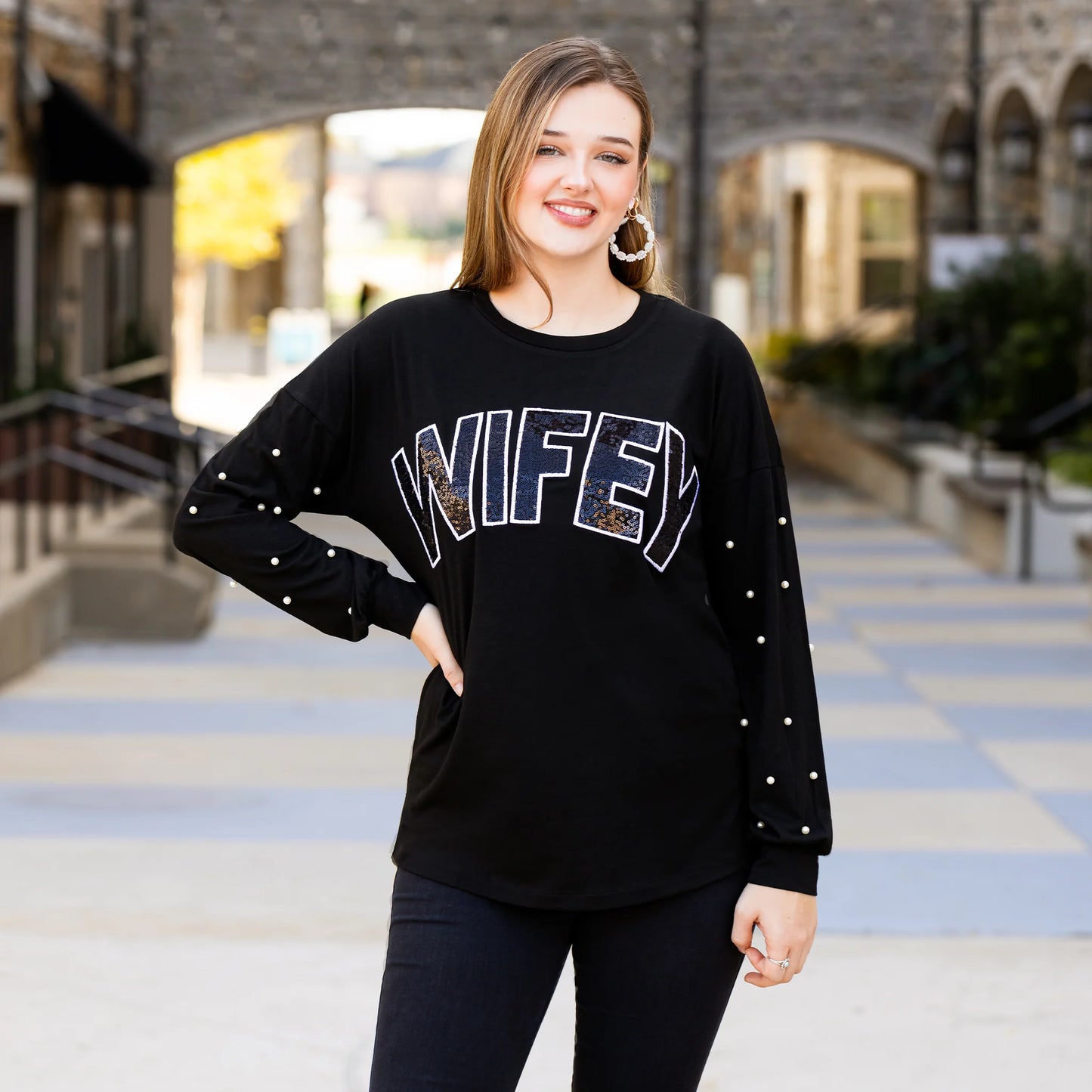 WIFEY Sequin Top with Pearl Sleeves
