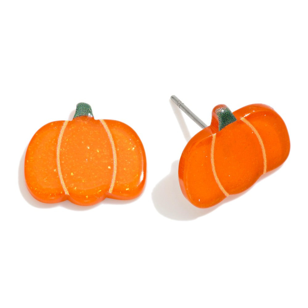 Glitter Acetate Pumpkin Stud Earrings - Orange