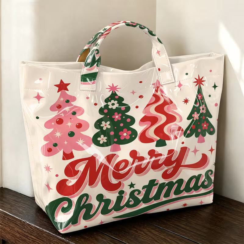 Glossy PVC Merry Christmas Trees Tote Bag