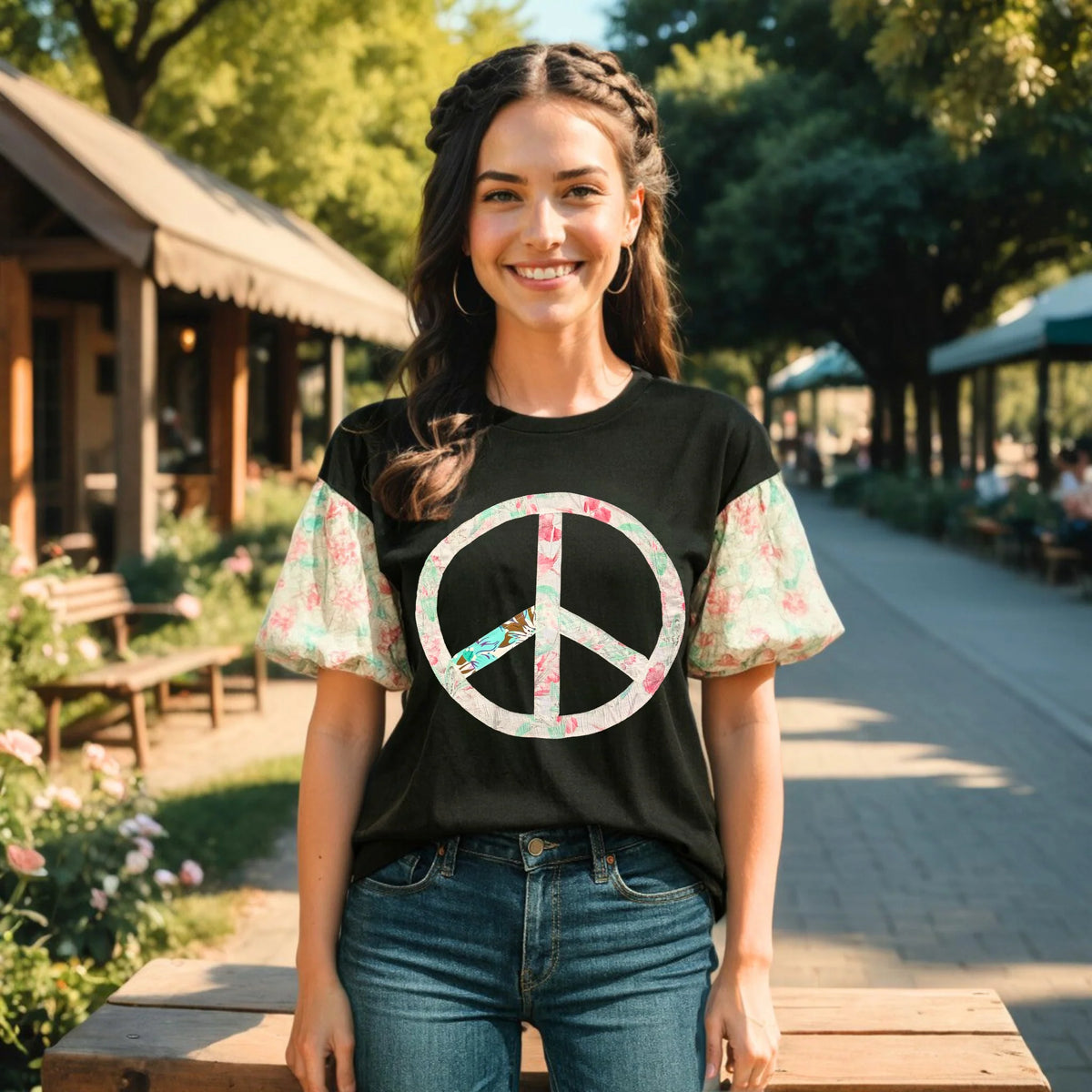 Sunshine & Rodeo Floral Peace Half Sleeve Top