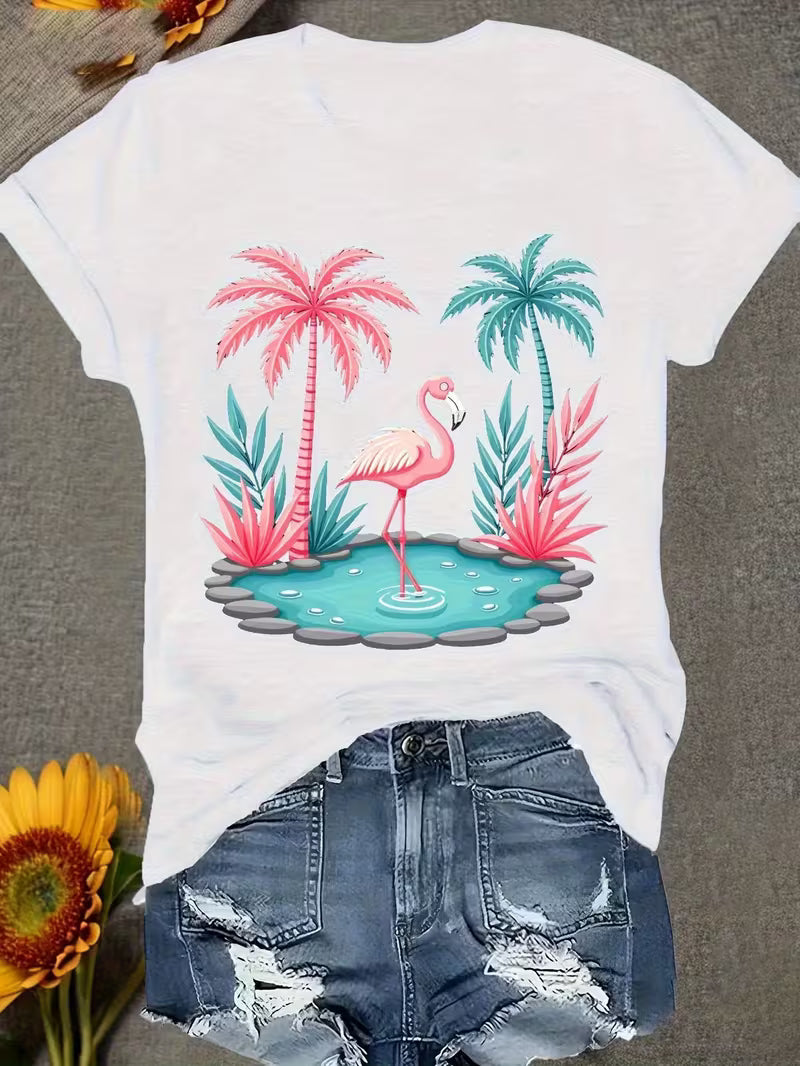Unisex Flamingo & Palm Trees Vinyl Graphic T-Shirt