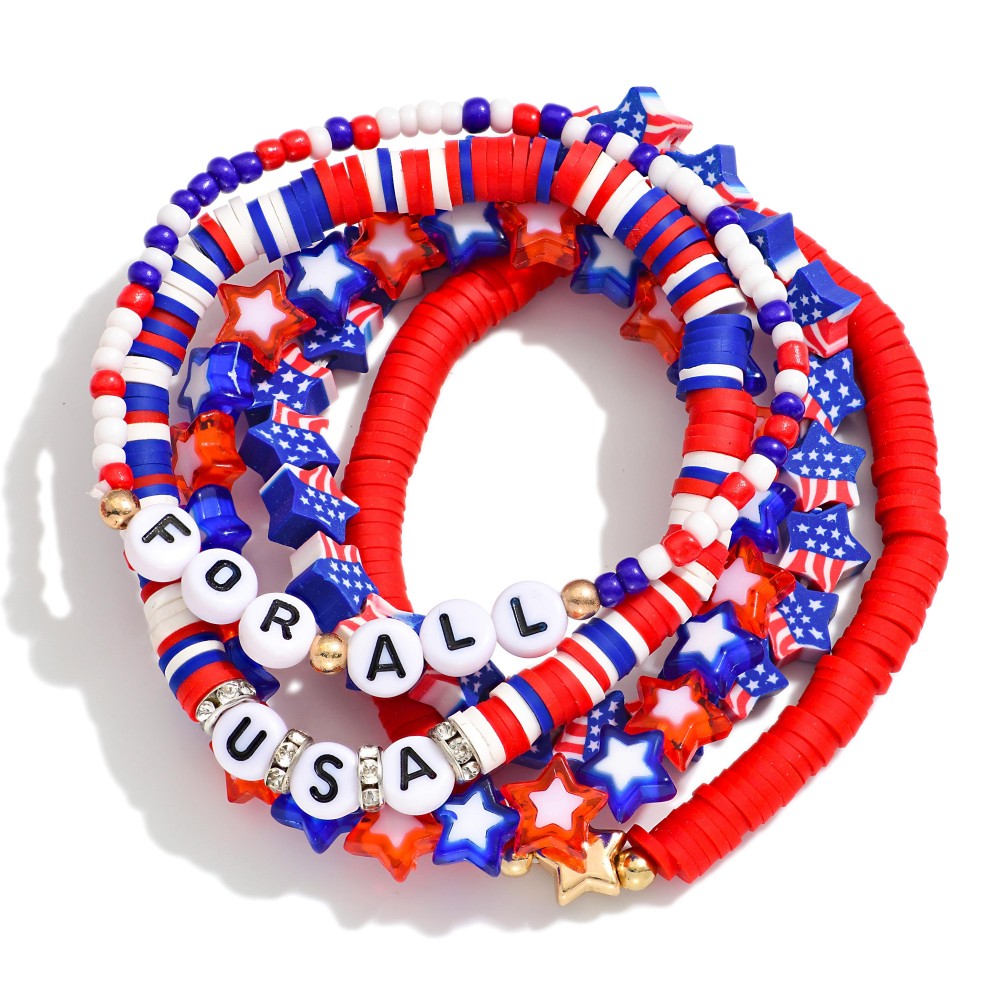 Set Of Five American Flag Themed Stretch Bracelet Featuring Star Beads And "USA", "FOR ALL" Beaded Letters