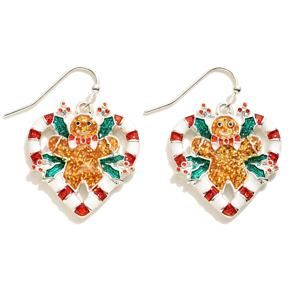 Glitter Gingerbread Man and Candy Cane Drop Earrings.