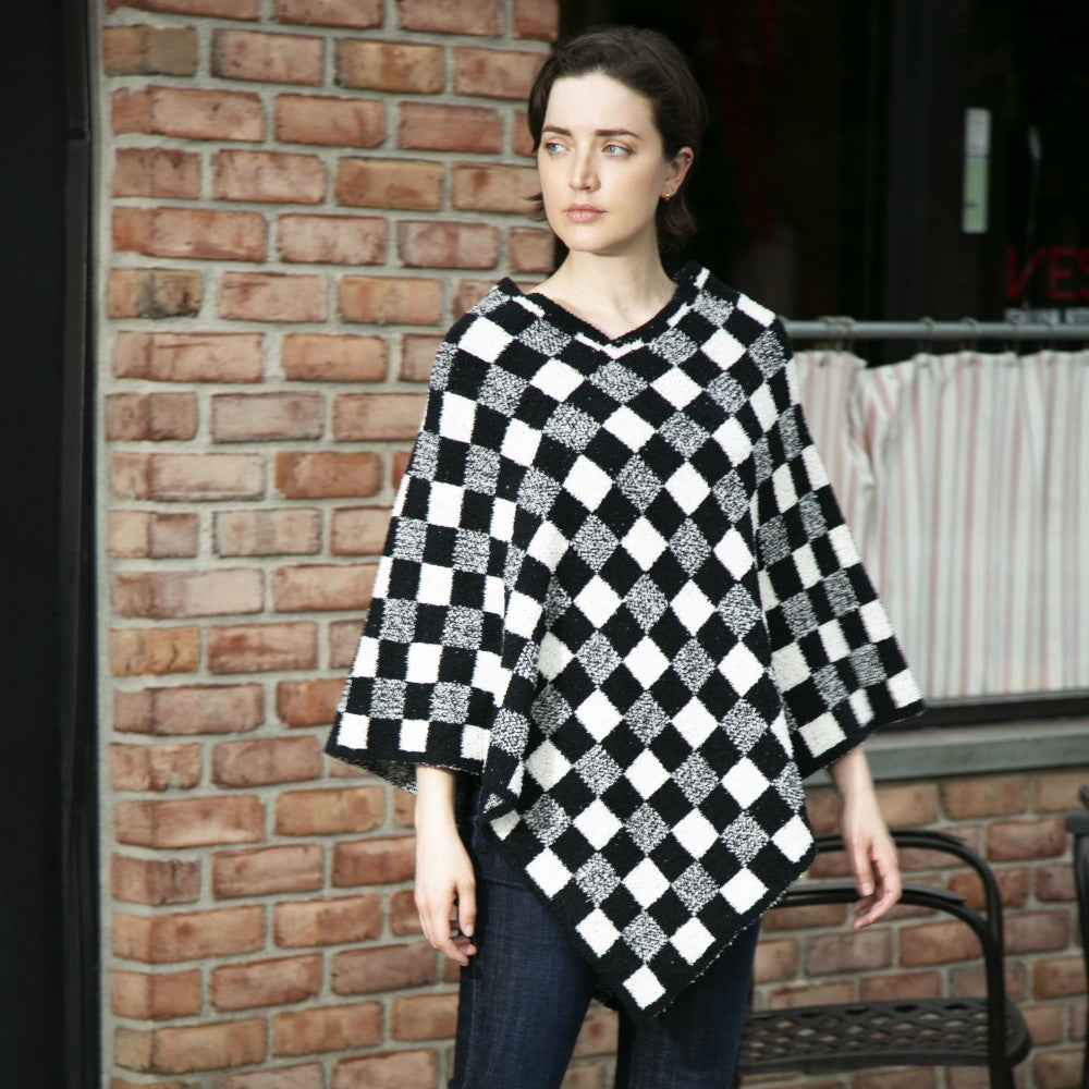 Checkered Print Poncho - Black and White