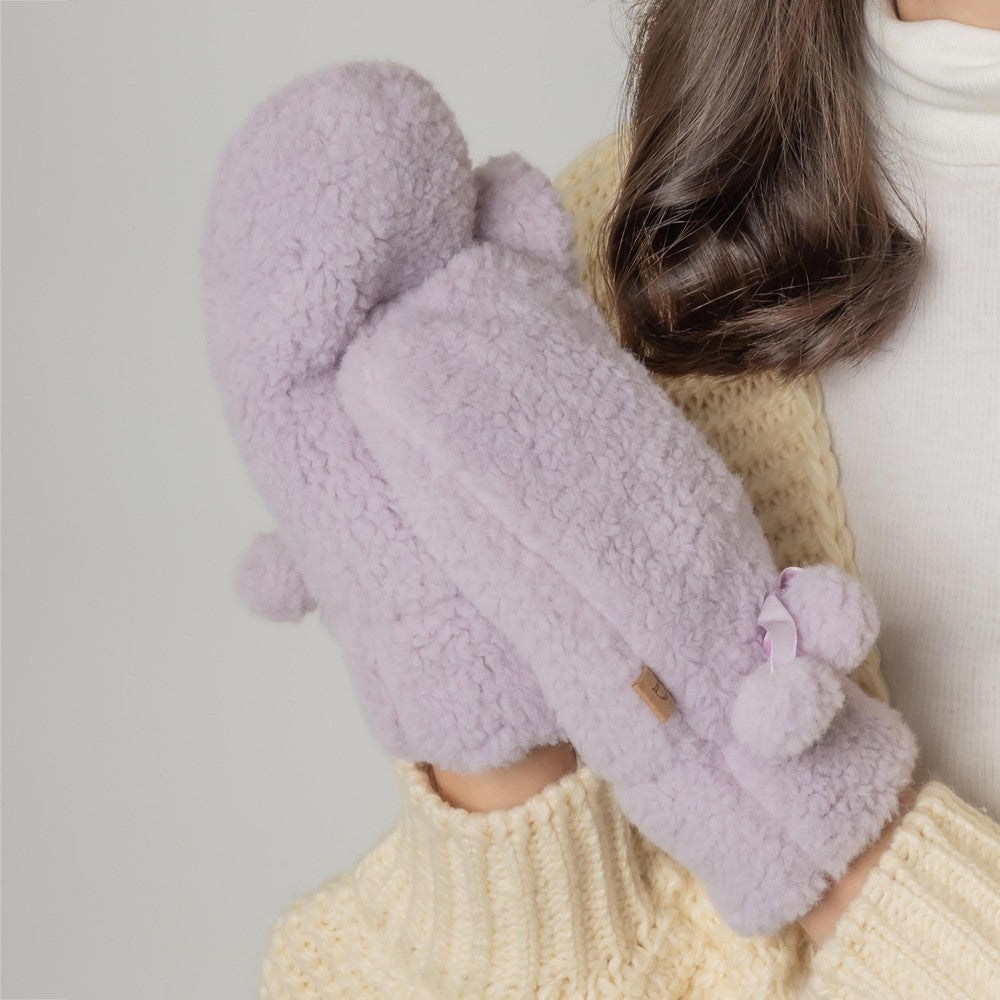 Fuzzy Lined Solid Color Mittens With Pom Bow Accents.