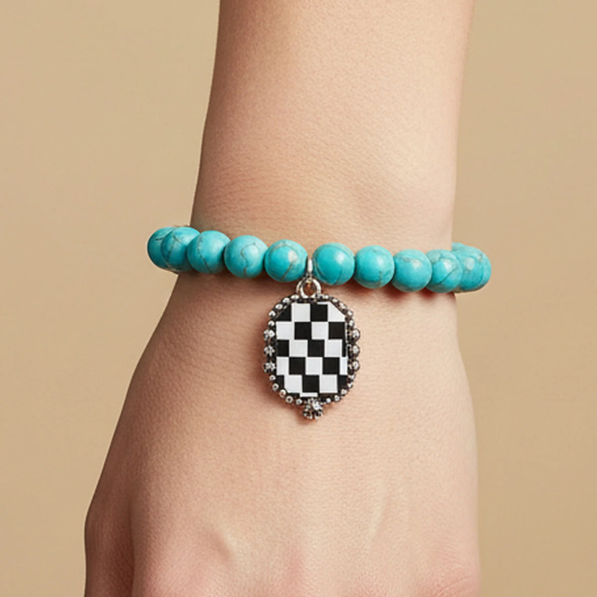 74865 - Checkered Squash Blossom Bracelet - Turquoise