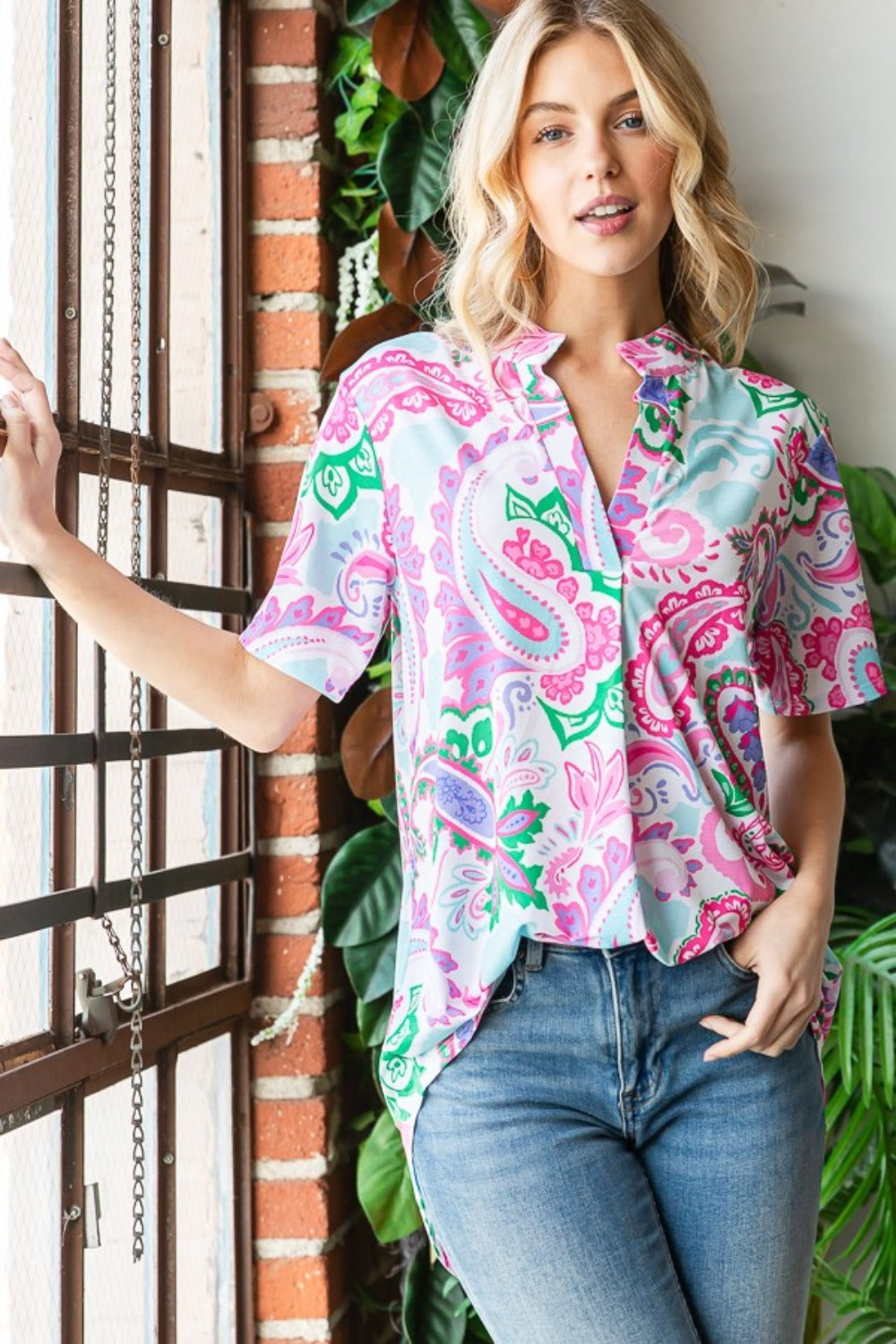 Heimish Split Collar Paisley Short Sleeve Top