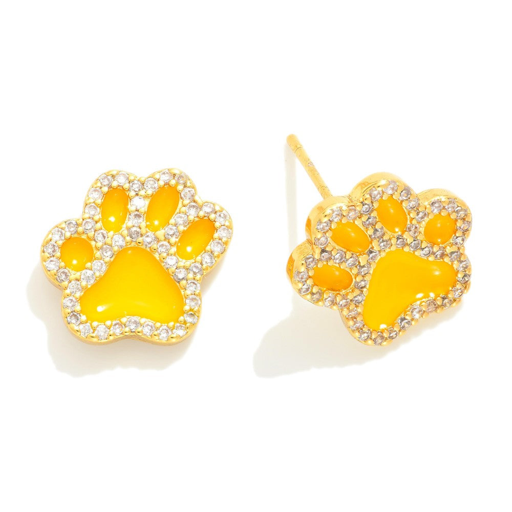Gold Dipped Cubic Zirconia Studded Game Day Paw Print Stud Earrings