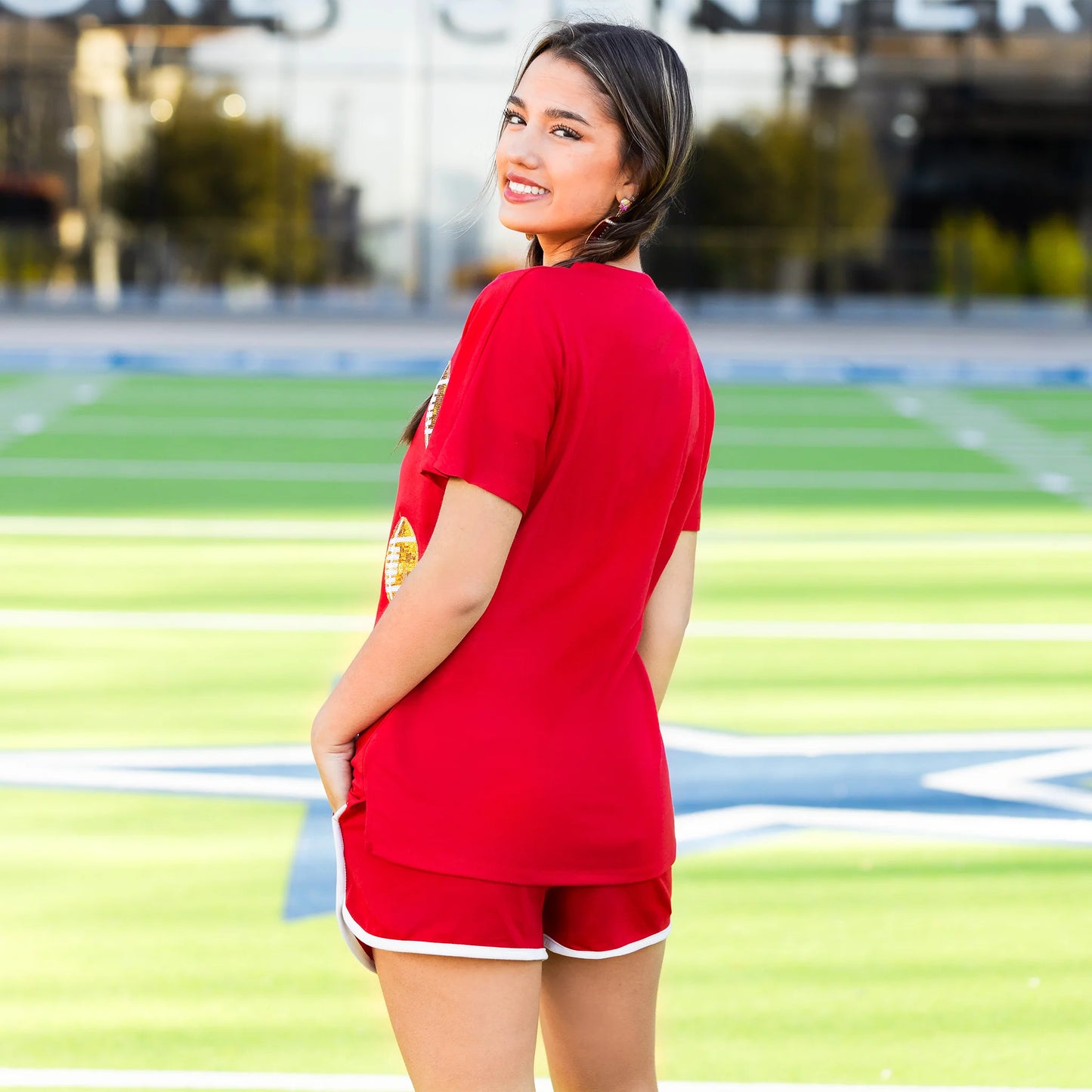 Sunshine & Redeo Sequin Football Half Sleeve Top - Red