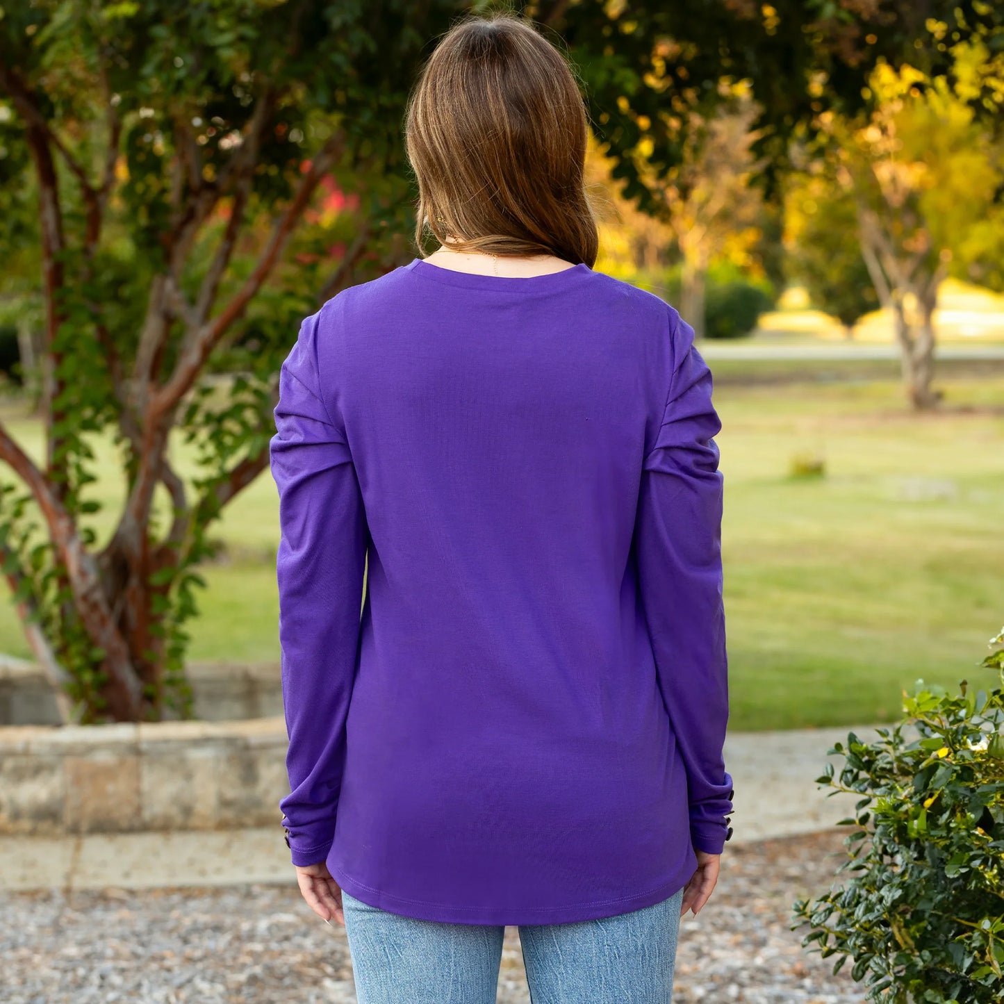 Sunshine & Redeo Ruffle Sleeve Top with Button Accents - Purple