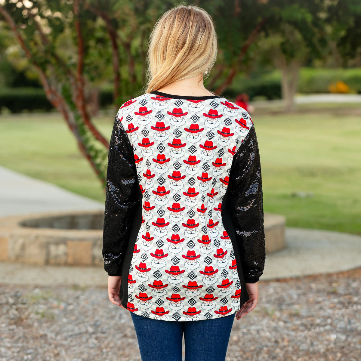 Sunshine & Rodeo Cowboy Santa Christmas Top with Sequin Sleeves