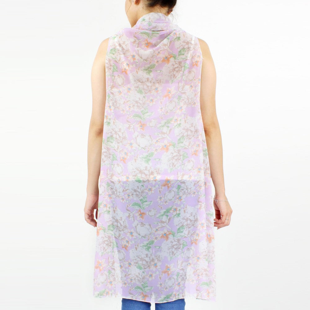 Lightweight Floral Print Vest Kimono Lavendar