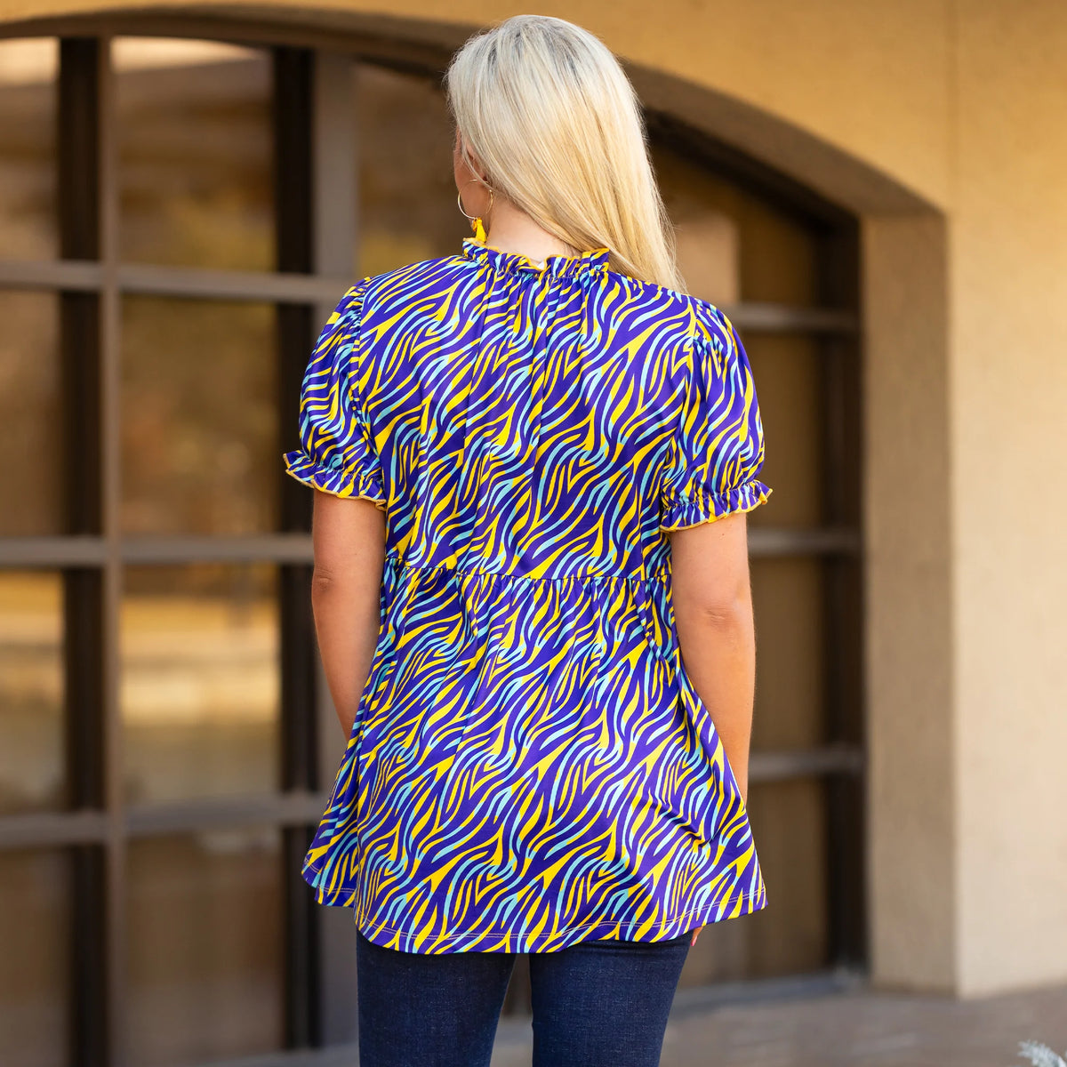 Sunshine & Rodeo Tiger Stripe Print Top with Ruffle Sleeves
