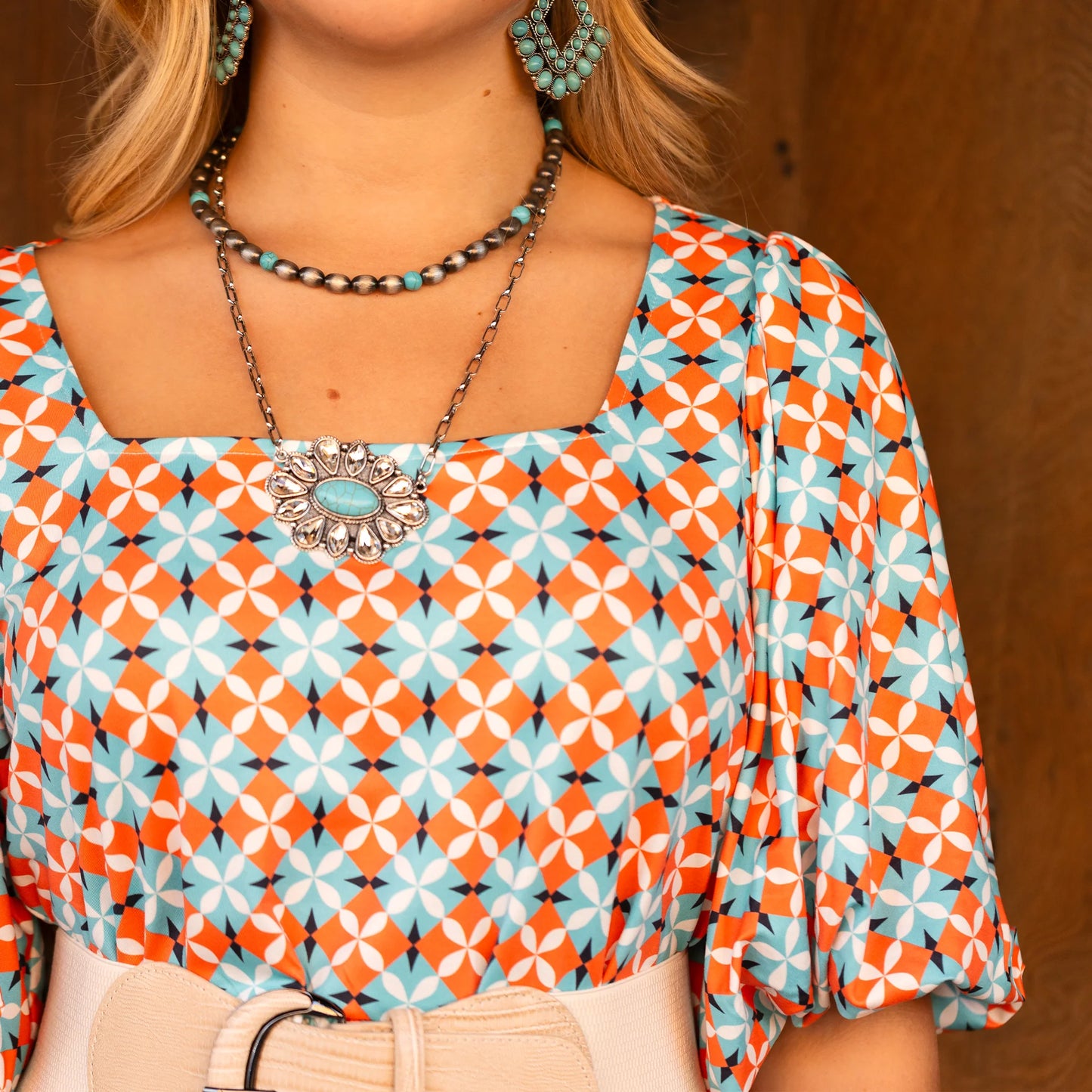 Geometric Print Bubble Sleeve Dress with Pockets