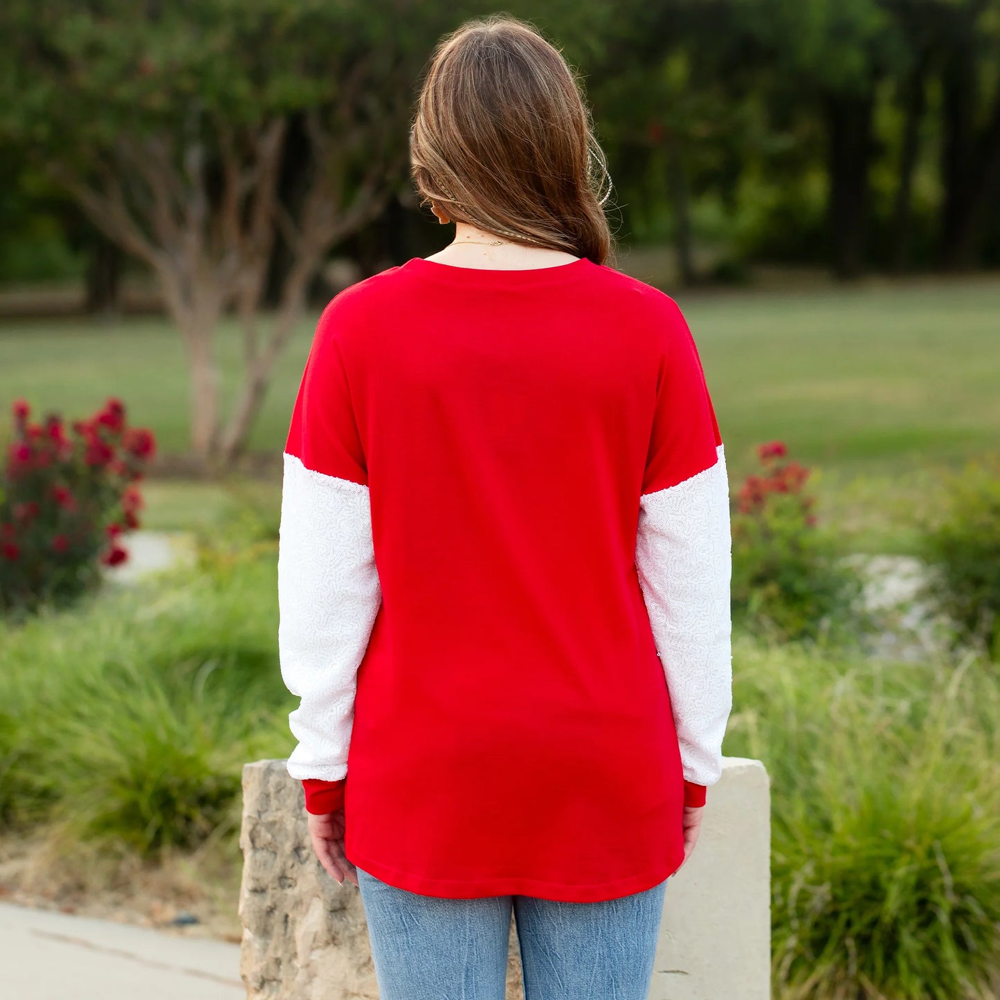 Holly Jolly Christmas Top with Sequin Sleeves