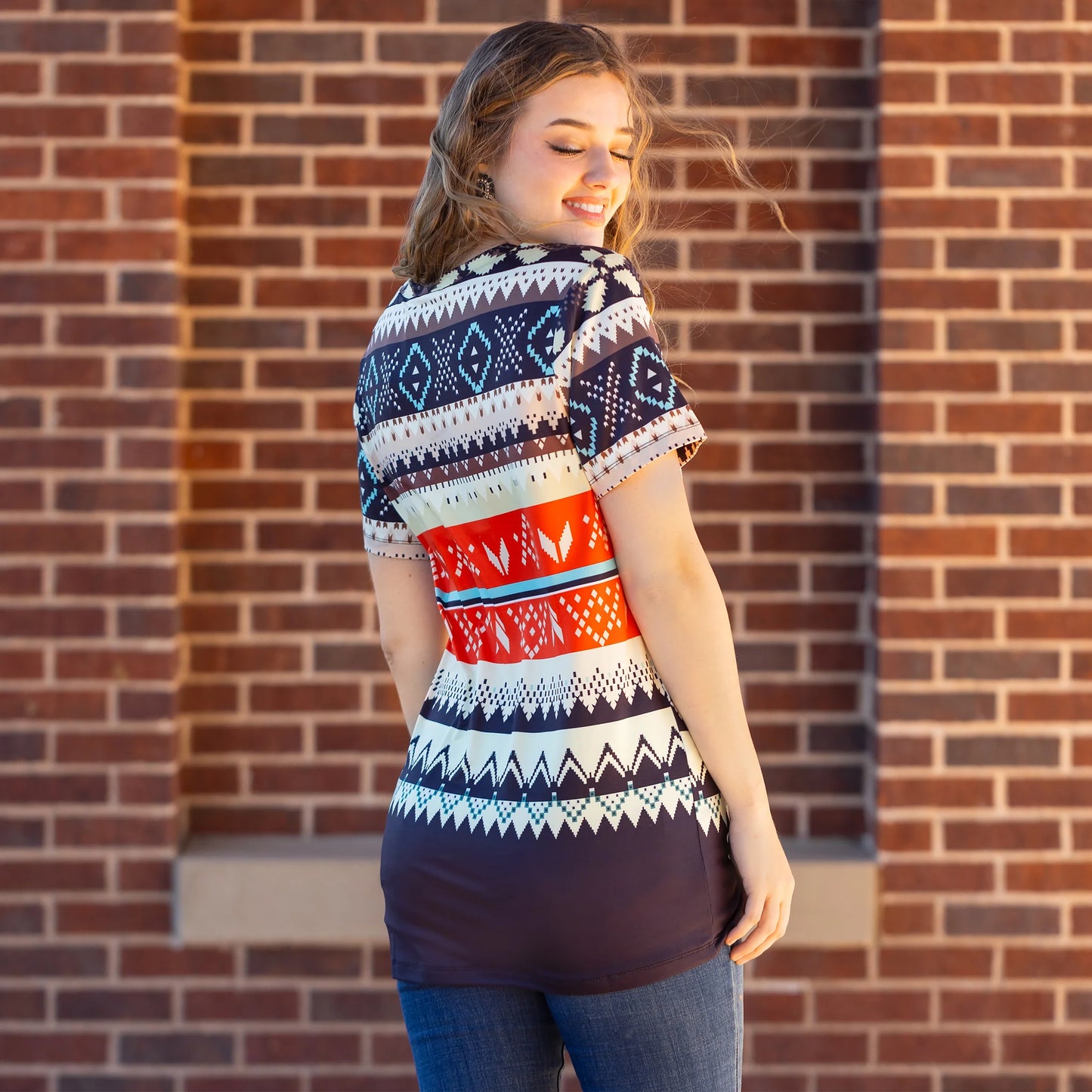 Multi Geometric Print Half Sleeve Top
