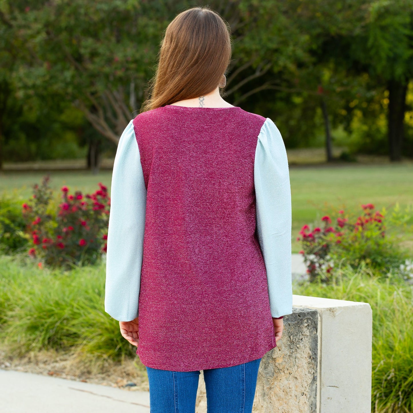 Shimmer Fabric Color Block Long Sleeve Top