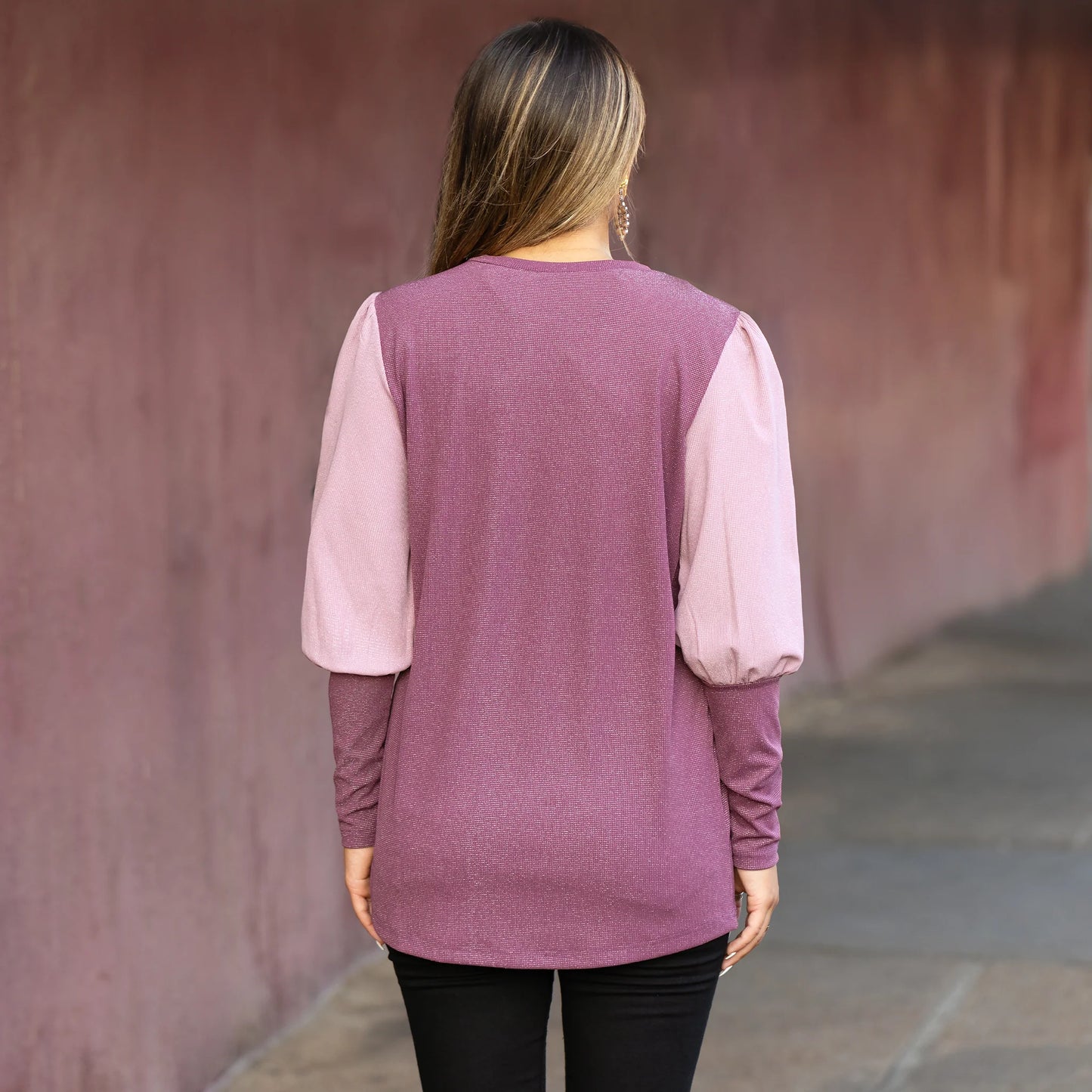 Sunshine & Redeo Sparkle Color Block Puffed Long Sleeve Top
