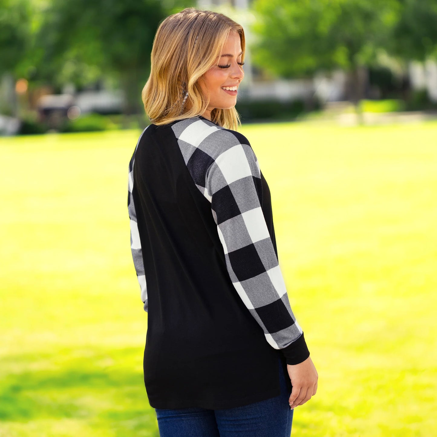 Plaid Long Sleeve Top - Black