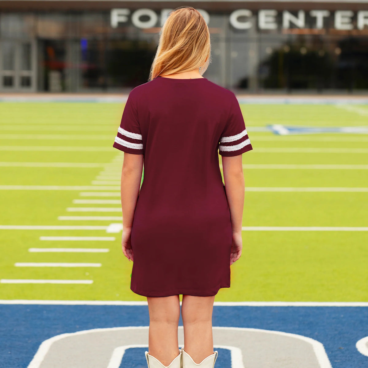 sunshine & Redeo Game Day Sequin T Shirt Dress with Pockets - Maroon