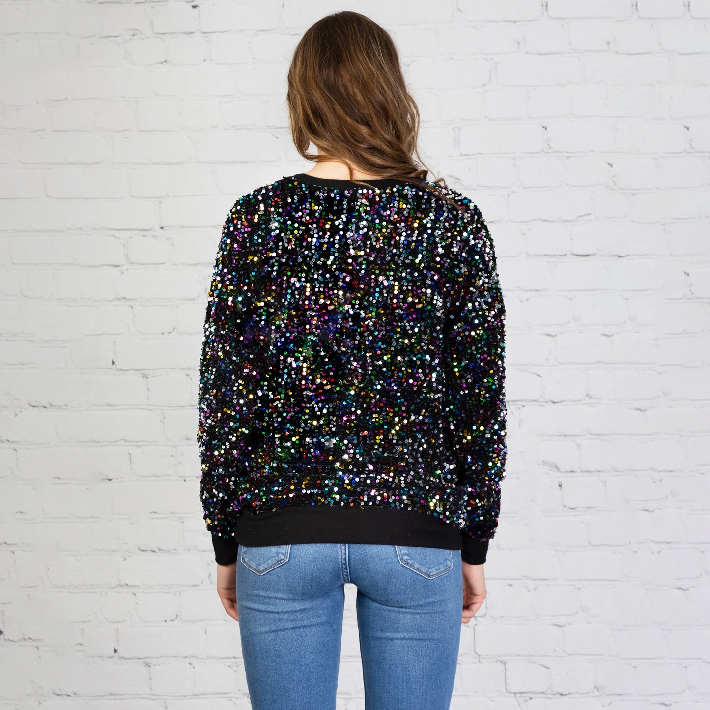 Sequin Long Sleeve Top - Black