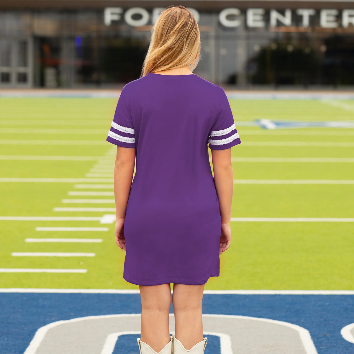 sunshine & Redeo Game Day Sequin T Shirt Dress with Pockets - Purple