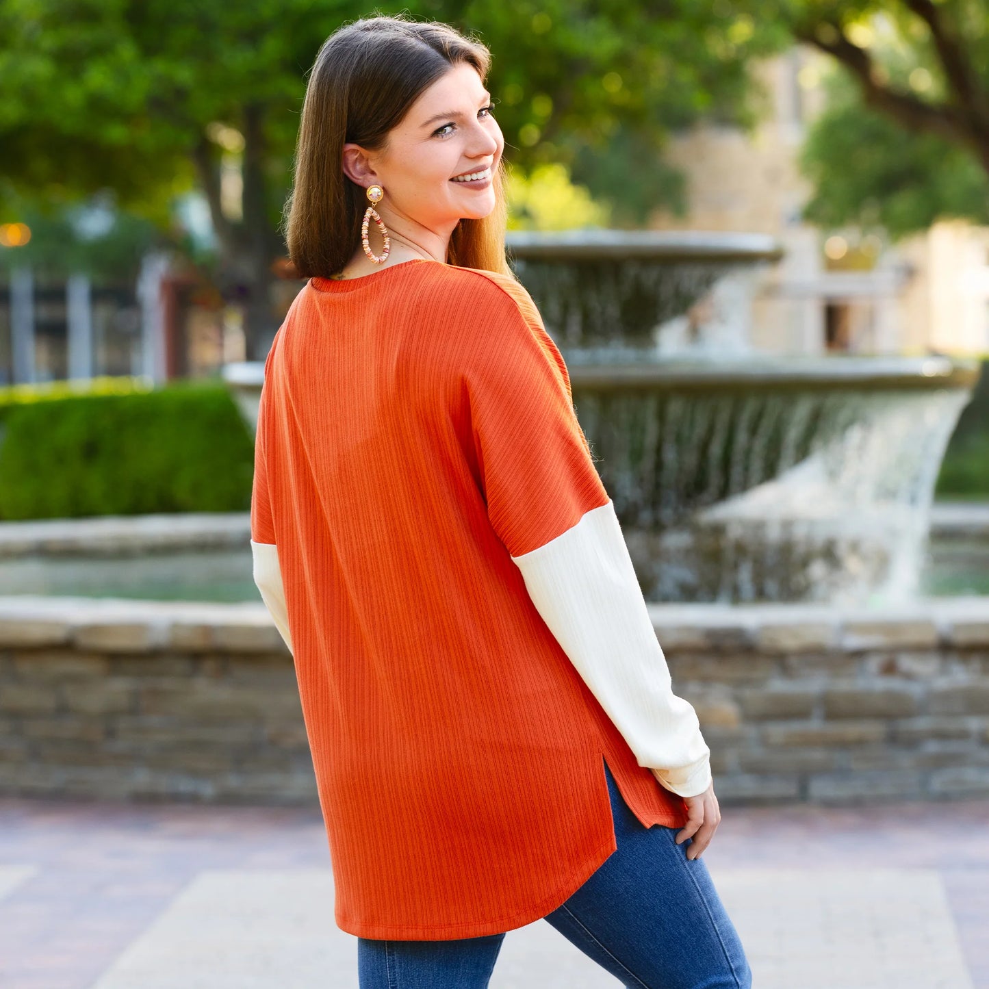Ribbed Color Block Long Sleeve Top - Orange