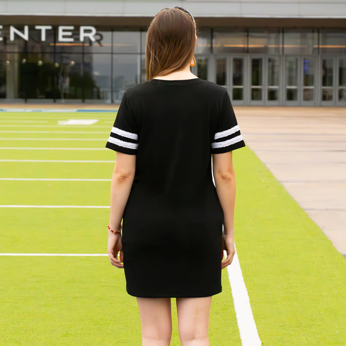 sunshine & Redeo Game Day Sequin T Shirt Dress with Pockets - Black