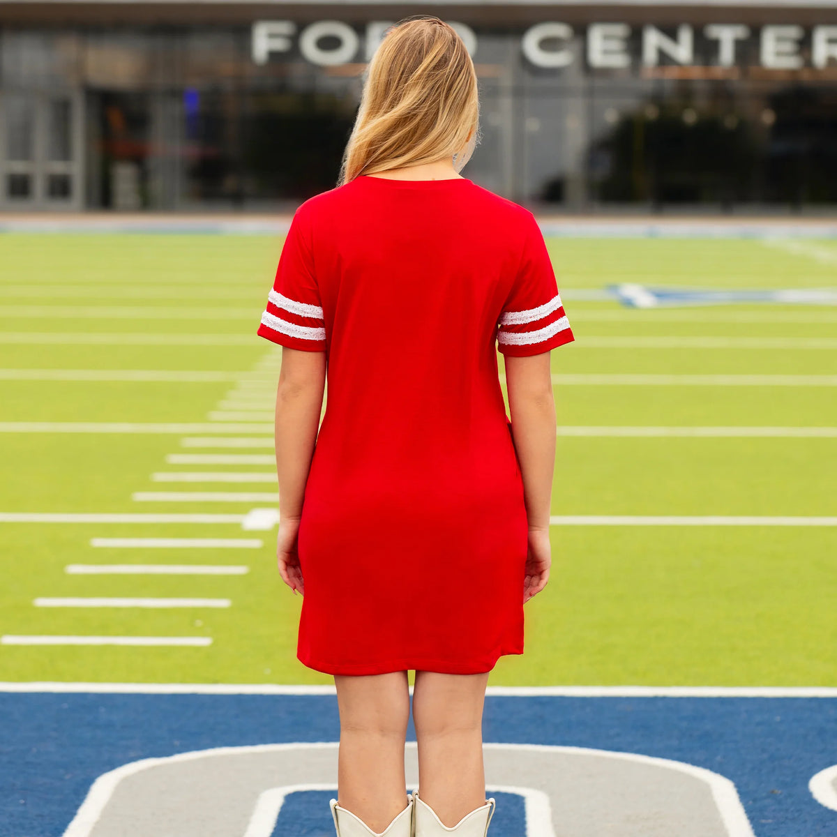 sunshine & Redeo Game Day Sequin T Shirt Dress with Pockets - Red