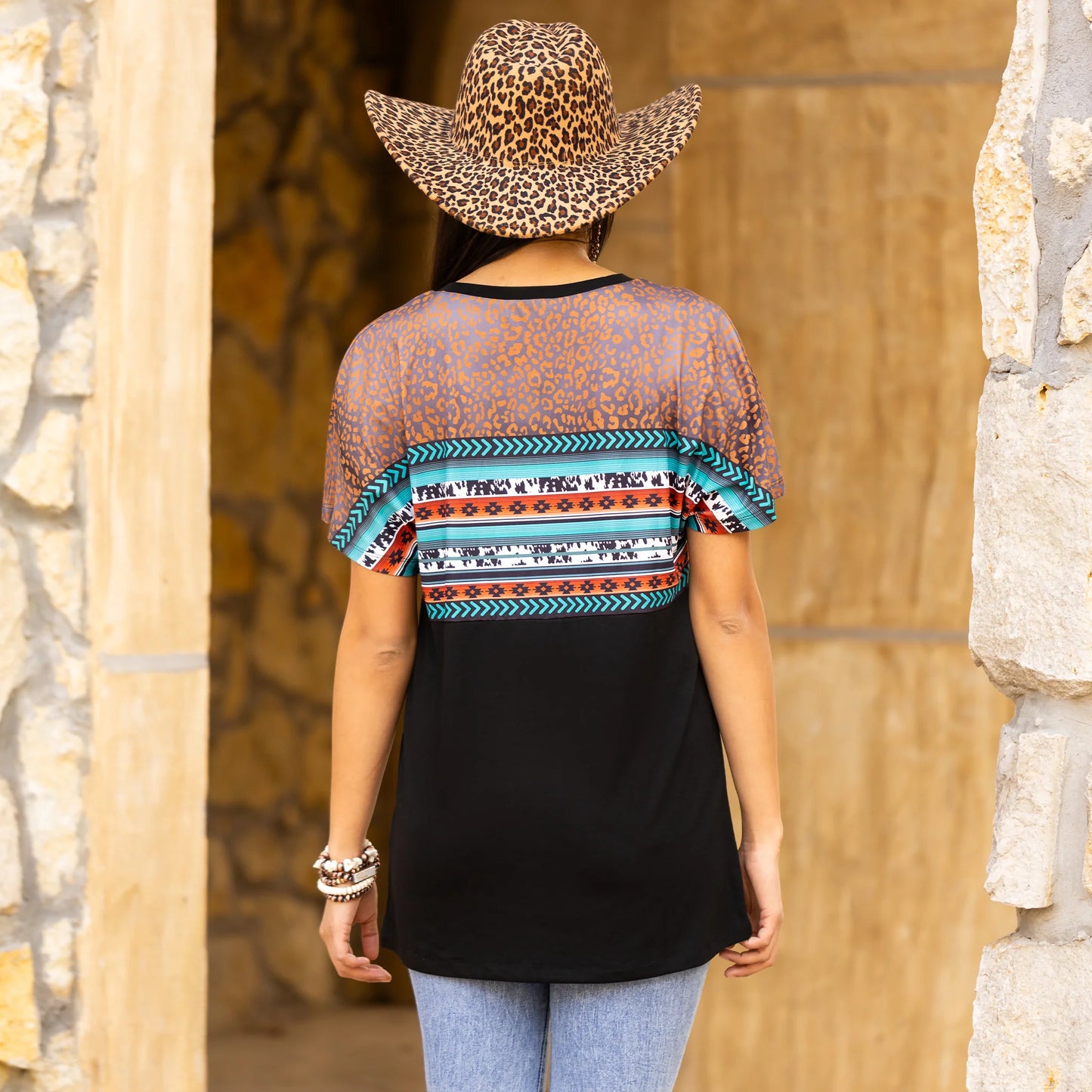 Leopard and Aztec Print Half Sleeve Top - Black