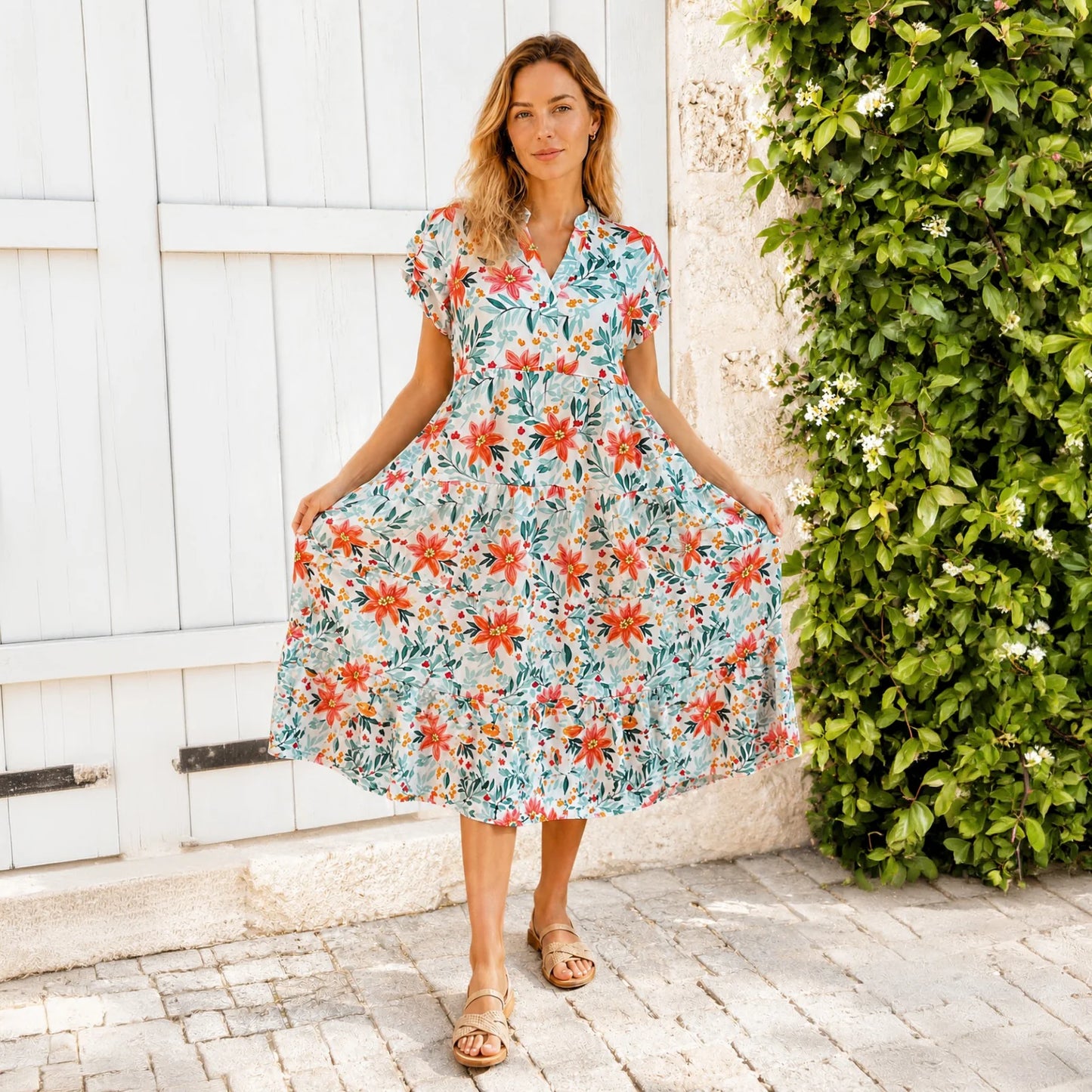 Multi Floral Ruffle Sleeve Dress with Pockets