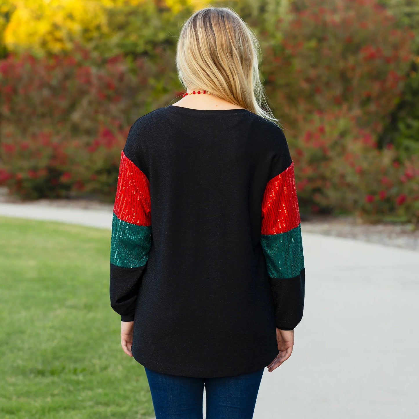 Shimmer Red & Green Christmas Sequin Sleeves Top