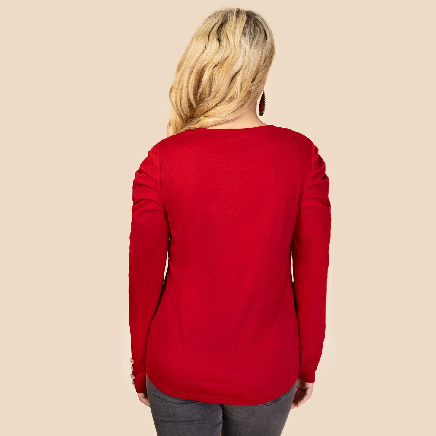 Ruffle Sleeve Top with Button Accents - Red